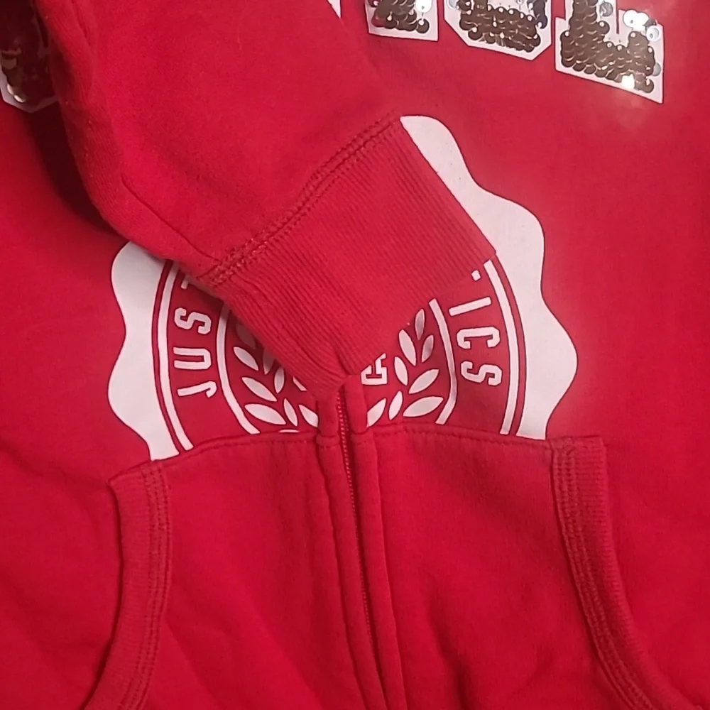 Justice Active Girls 12 sequin bling Full Zip Up faux fur red hoodie